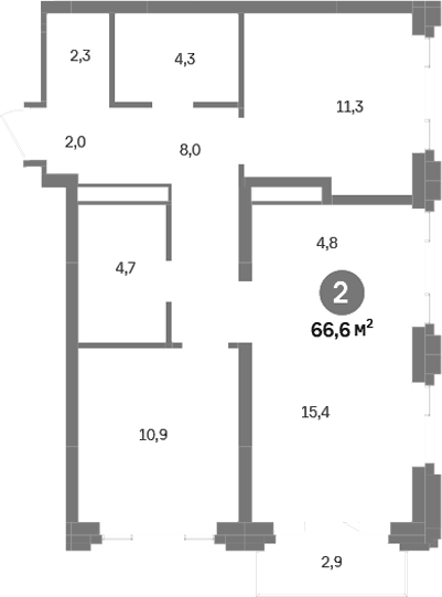 Планировка 3Е-к.кв, 66,6 м² в ЖК Городские легенды